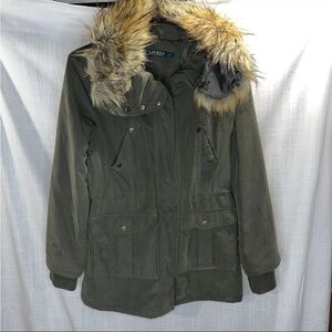 Ralph Lauren Olive Parka Jacket with Fur Trim | Size Small
